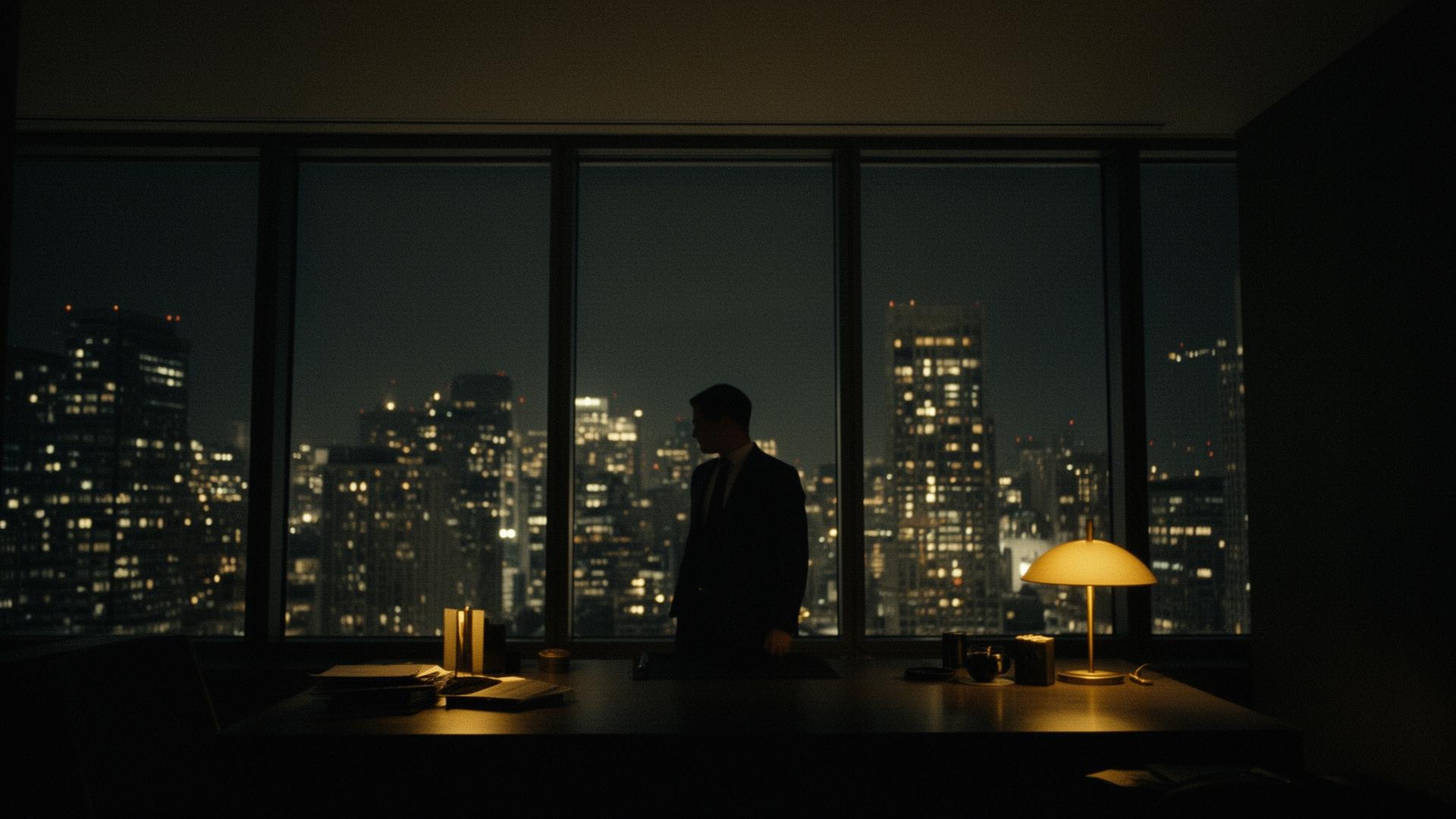 Executive at night overlooking city skyline
