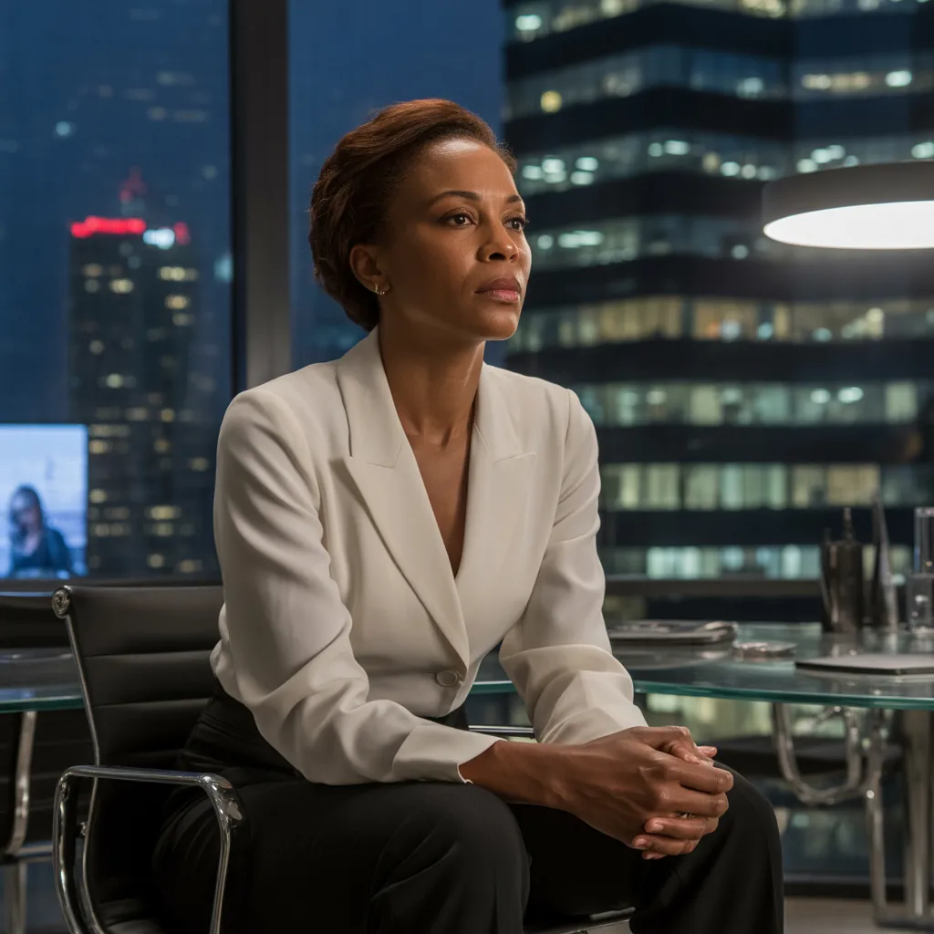 Executive woman in a modern high-rise office at night, reflecting